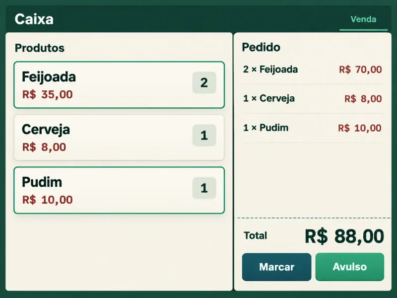 Representação do Caixa para eventos, com seleção de produtos, pedido e total da venda.