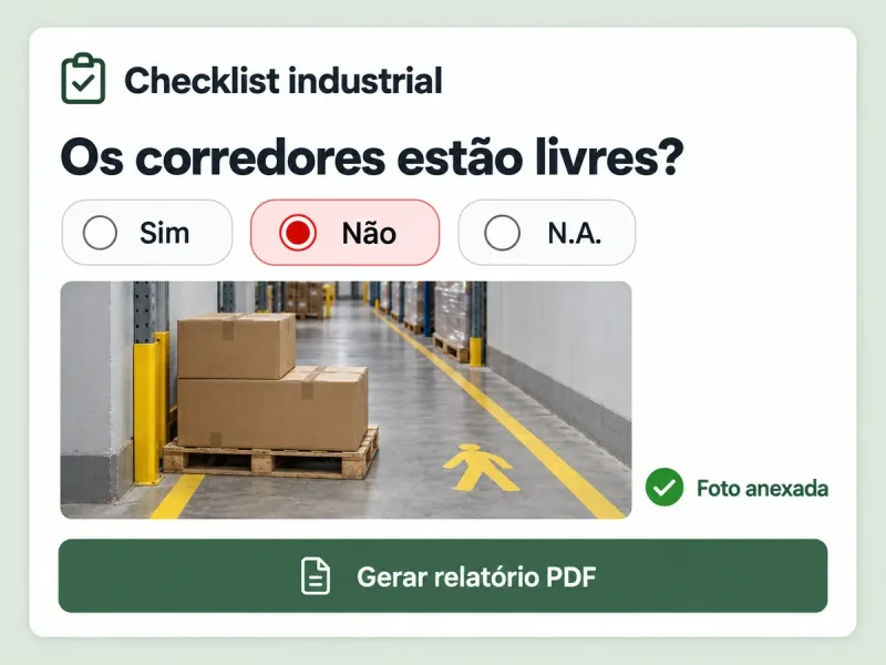 Representação do Checklist industrial, com resposta Não, foto ilustrativa de uma obstrução e relatório PDF.